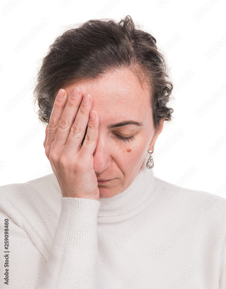 Healthcare, stress and headache concept. Stressedl woman touching temples over white background Healthcare, stress and headache concept. Stressedl woman touching temples over white background