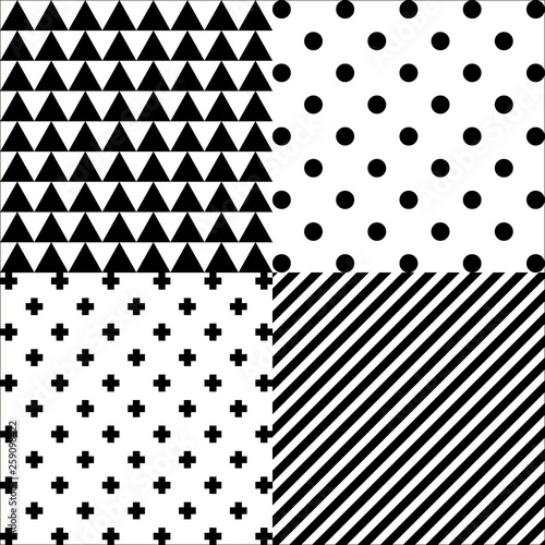 Pattern set. Geometric Vector background. Black and white stripes, polka dots, zig zag, triangles, line. Hipster decoration style. Texture for fabric textile. A4 paper for posters, postcards, wrapping