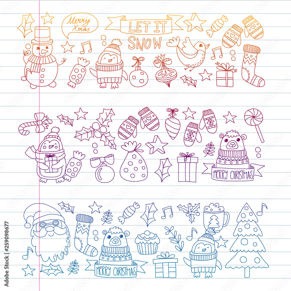 Christmas element in doodle kids drawing style. Vector pattern.