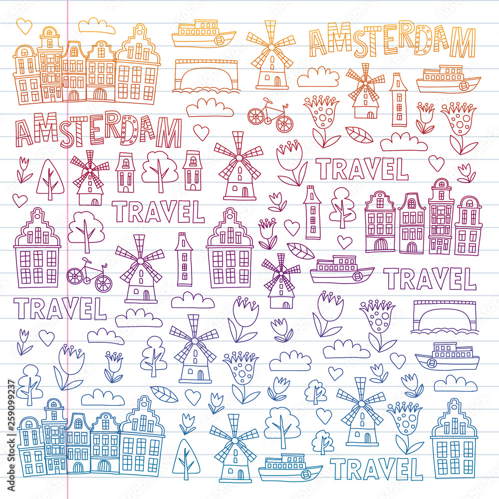 Vector pattern with Holland, Netherlands, Amsterdam icons. Doodle style.