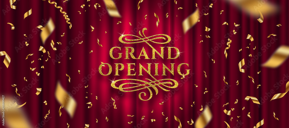 Grand opening logo. Golden foil confetti and glitter gold logo with flourishes ornamental elements on a red curtain background. Vector illustration. - obrazy, fototapety, plakaty 