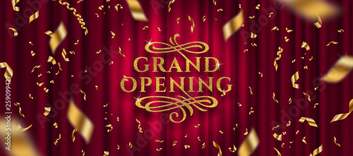 Grand opening logo. Golden foil confetti and glitter gold logo with flourishes ornamental elements on a red curtain background. Vector illustration.