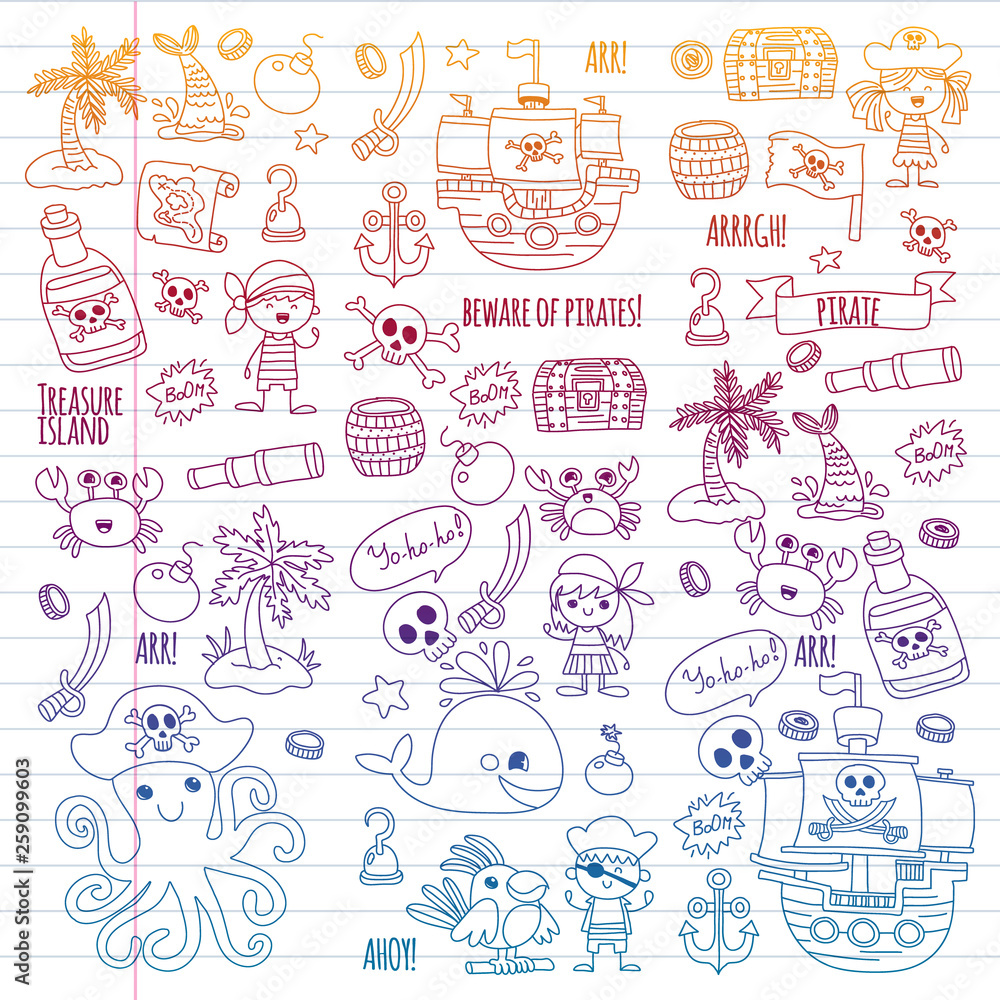 Fototapeta premium Vector pattern with pirate icons. Adventure, birthday party.