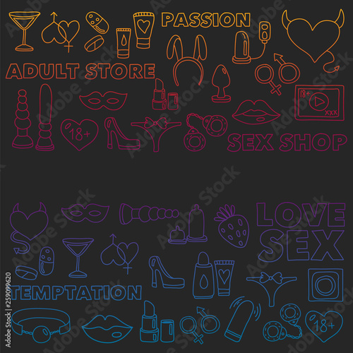 Vector set with sex shop icons. Erotic fetish games background.