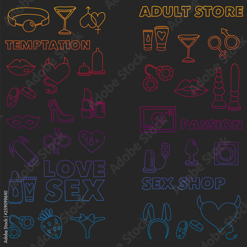 Vector set with sex shop icons. Erotic fetish games background.