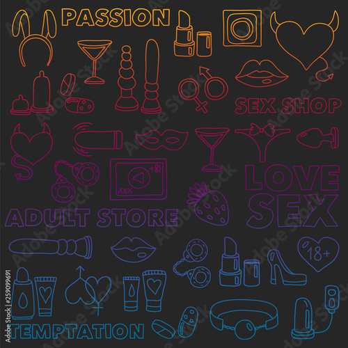 Vector set with sex shop icons. Erotic fetish games background.