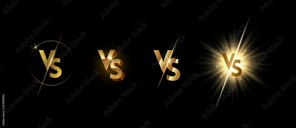 Set of golden shining versus logo on black background. VS logo for games, battle, match, sports or fight competition, Game concept of rivalry. VS. Vector illustration.