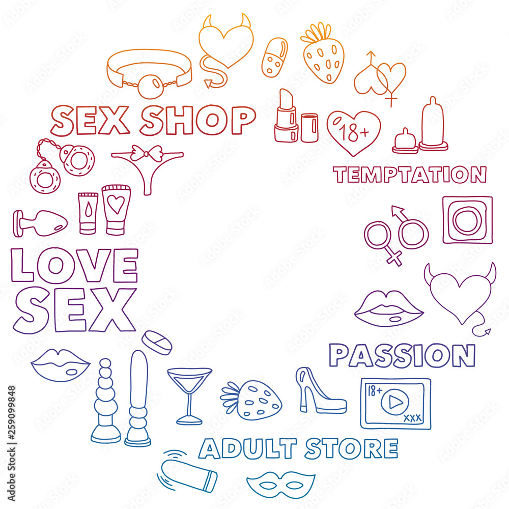 Obraz premium Vector set with sex shop icons. Erotic fetish games background.