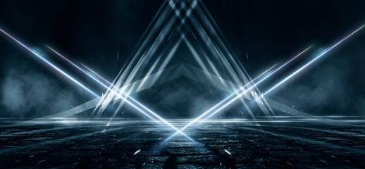 Product showcase spotlight background. Clean photography studio. Abstract blue background with rays of neon light, spotlight, reflection  on the asphalt.