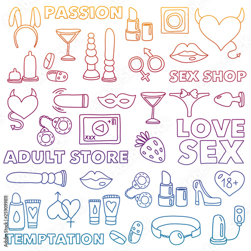 Vector set with sex shop icons. Erotic fetish games background.