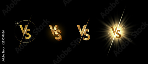Set of golden shining versus logo on black background. VS logo for games, battle, match, sports or fight competition, Game concept of rivalry. VS. Vector illustration.