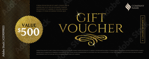 Gift voucher template with glitter gold elements. Vector illustration. Design for invitation, certificate, gift coupon, ticket, voucher, diploma etc. photo