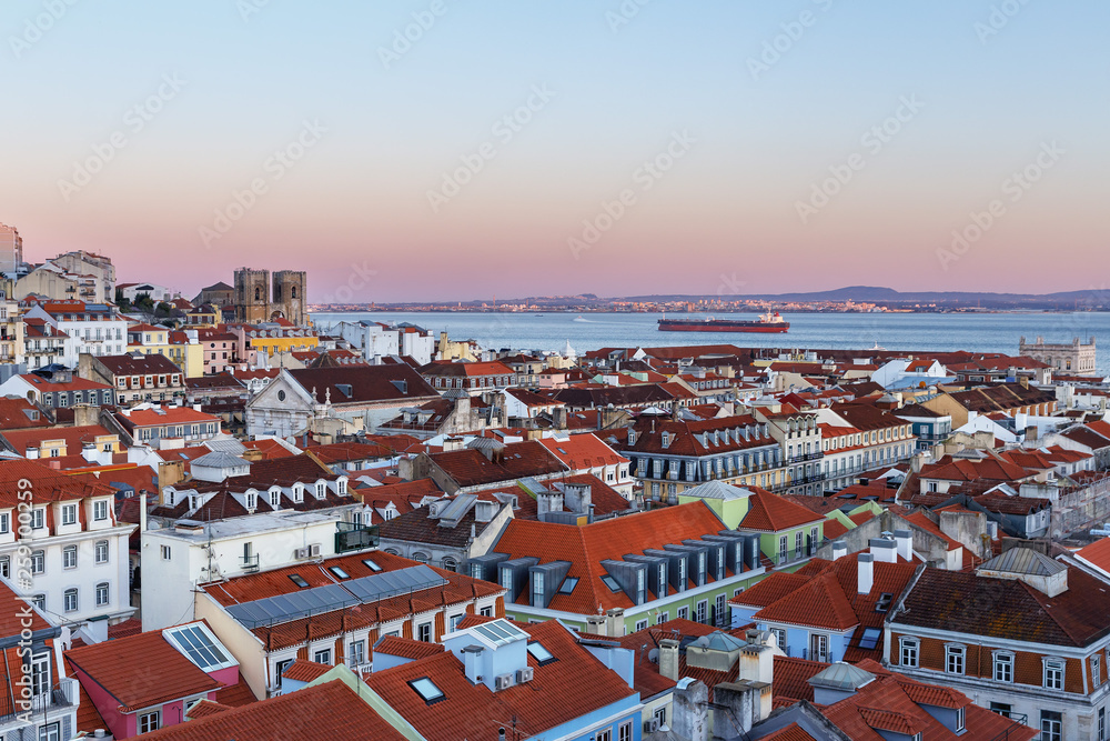 top view of the red tiled roofs of the historic center of the Portuguese capital of Lisbon