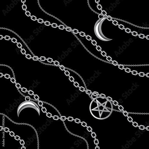 Seamless pattern background with pentagram and moon pendants on silver metallic chain. On black. Vector illustration