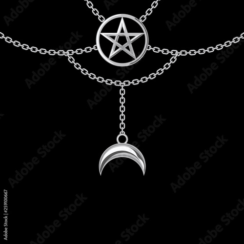 Background with silver metallic necklace. Pentagram pendant and chains. On black. Vector illustration