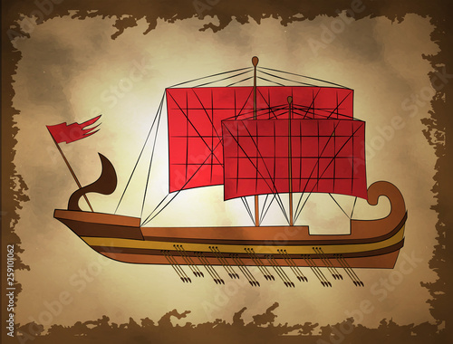 illustration of ancient ship on a retro background