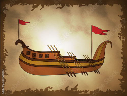 illustration of ancient ship on a retro background