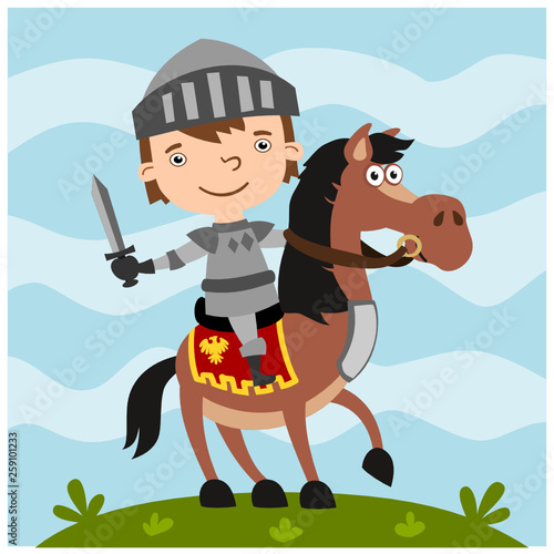 Funny boy knight in cartoon style sitting astride a horse with a sword in his hand