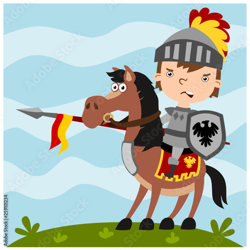 Angry boy knight in cartoon style, sitting on horseback with lance and shield