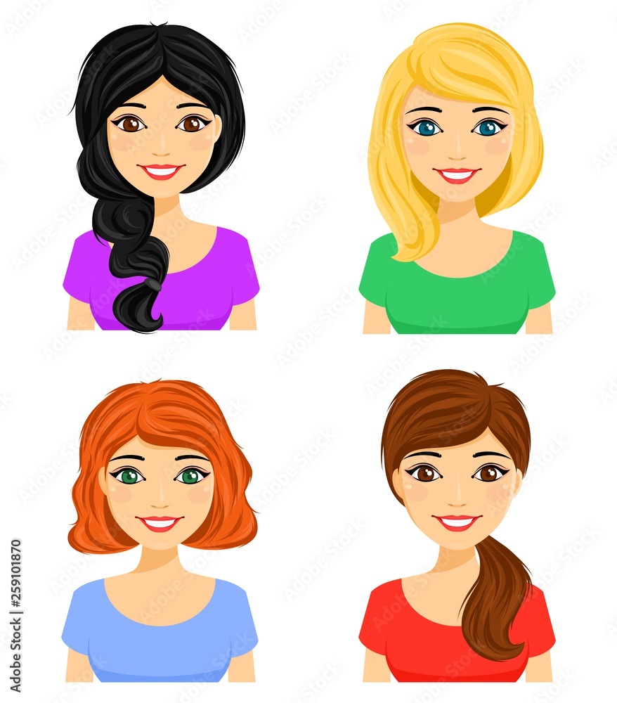 Set. Portraits of attractive girls with different hairstyles. Different hair color. Set. Portraits of attractive girls with different hairstyles. Different hair color.