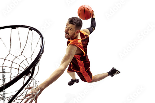 Obraz na plátně Full length portrait of a basketball player with ball isolated on white background