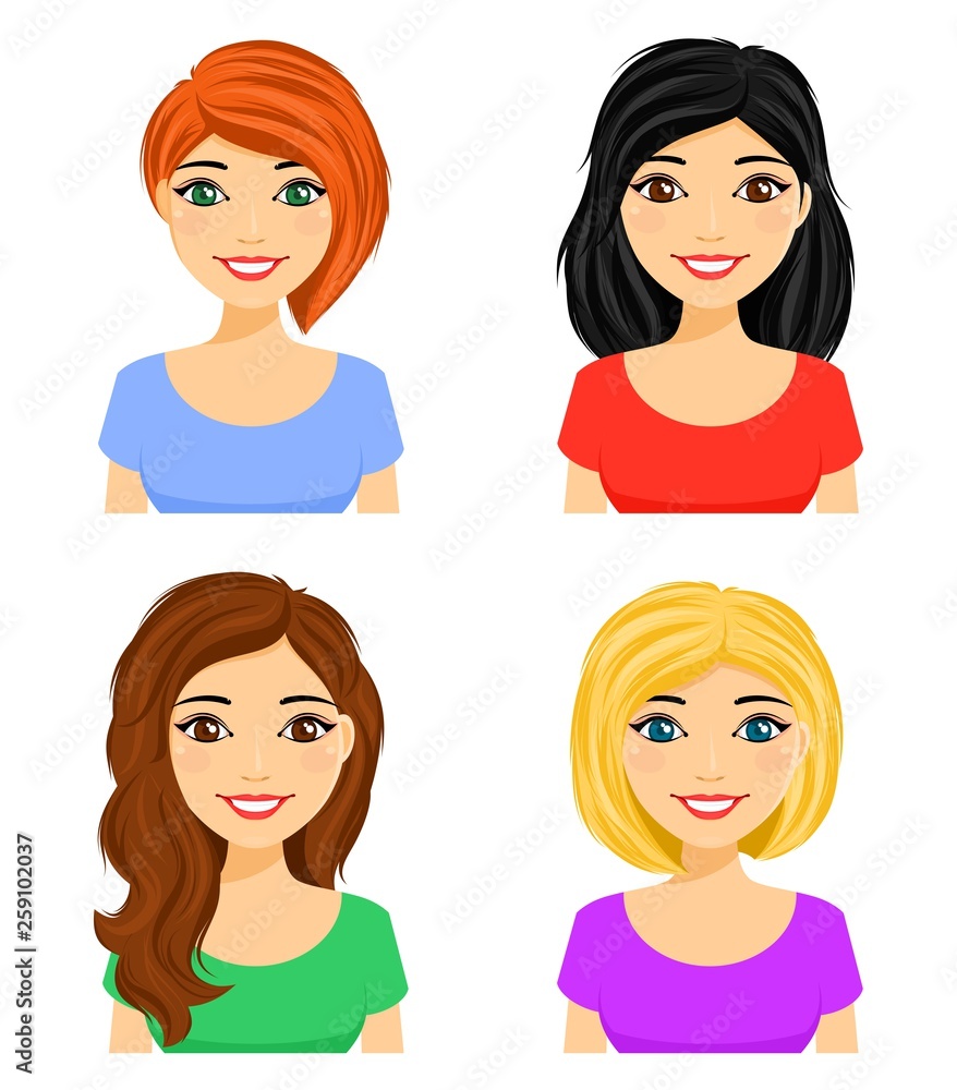 Set of portraits of young girls with different hairstyles. Different hair color. Set of portraits of young girls with different hairstyles. Different hair color.