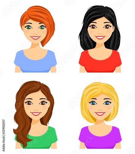 Set of portraits of young girls with different hairstyles. Different hair color.