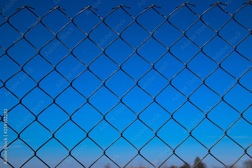 Fototapeta premium Metal mesh fence against a blue sky