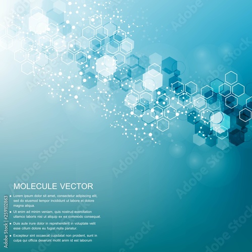 Structure molecule and communication. Dna, atom, neurons. Scientific concept for your design. Connected lines with dots. Medical, technology, chemistry, science background. Vector illustration.