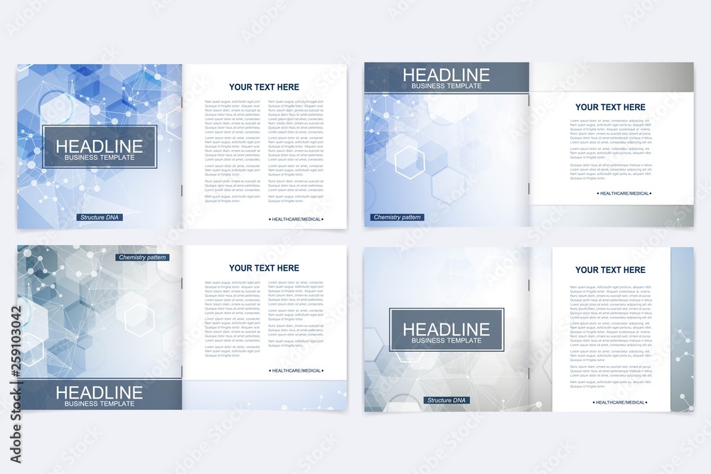 Scientific templates square brochure, magazine, leaflet , flyer, cover, booklet, annual report. Scientific concept for medical, technology, chemistry. Structure molecule and communication. Dna, atom.