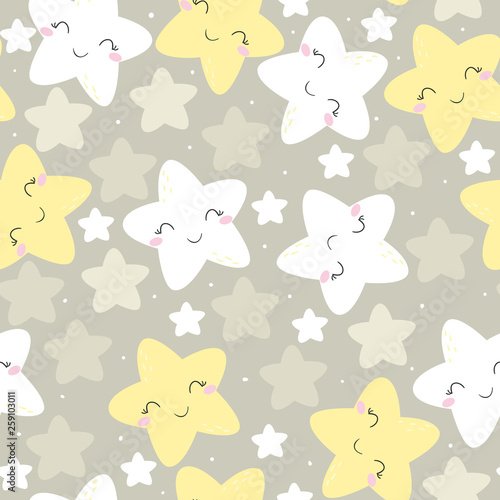 Cute hand drawn clouds and stars Seamless pattern. vector illustration.