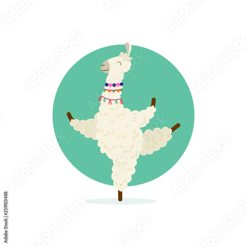 Cute cartoon llama practicing yoga pose. Animal yoga. Relaxation and meditation illustration.