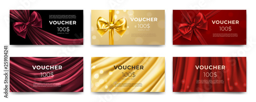 Golden voucher or red gift card, gold certificate for discount. Set of isolated template for present coupon with ribbon and bow. Shop invitation promo or flyer offer, birthday gift. Premium label photo