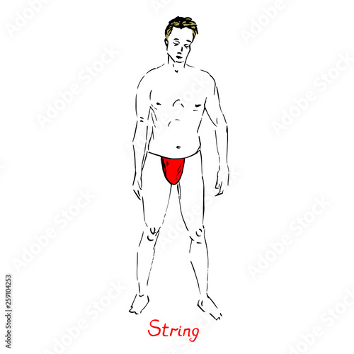 Portrait of blonde sexy guy in red strings type of swimsuit with inscription, hand drawn outline doodle, sketch in pop art style, black and white vector illustration