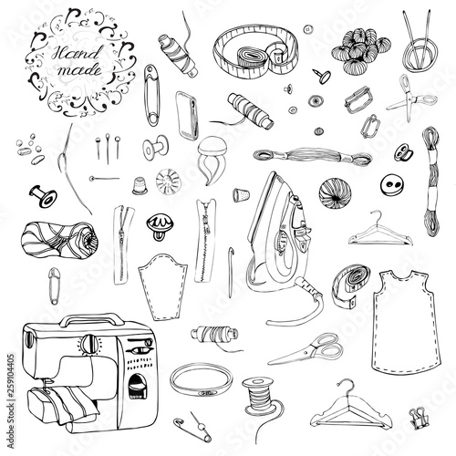 Collection of  items for sewing. Hand drawn monochrome sketch of different elements isolated on white background. Vector illustration.
