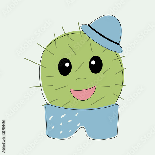 Funny simple naive cute cactus boy with blue hat on head in pot trousers.For decoration of children t-shirts,dresses, pajamas,bed linen,underwear,pillowcases and pillows.Vector illustration