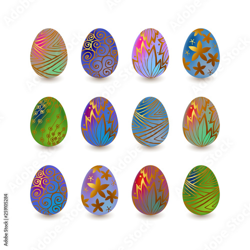Easter eggs set. Colored luminous or glass with gold ornaments. Spring holidays in April. Egg hunt.
