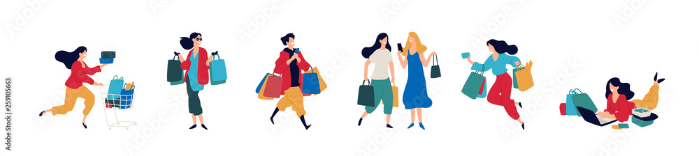 Illustration of people with purchases. Men and women who bought goods. Discounts and sales in retail networks. Flat cartoon style. Black Friday. Shopping on the Internet. Order and delivery. Illustration of people with purchases. Men and women who bought goods. Discounts and sales in retail networks. Flat cartoon style. Black Friday. Shopping on the Internet. Order and delivery.