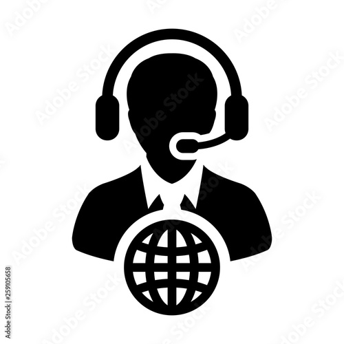 Connection icon vector male customer service person profile symbol with headset for internet network online support in glyph pictogram illustration