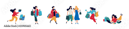 Illustration of people with purchases.  Men and women who bought goods. Discounts and sales in retail networks. Flat cartoon style. Black Friday. Shopping on the Internet. Order and delivery.