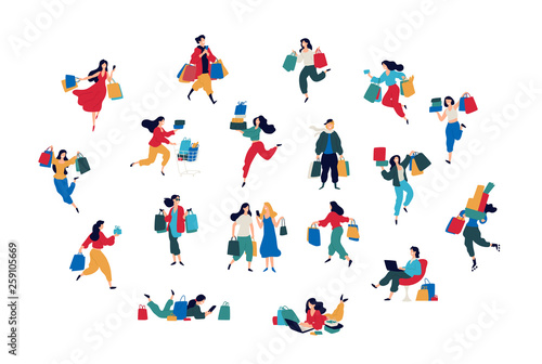 Fototapeta Naklejka Na Ścianę i Meble -  Illustration of people with purchases.  Men and women bought things. Discounts and sales in retail networks. Flat cartoon style. Black Friday. Consumers. Order and delivery.