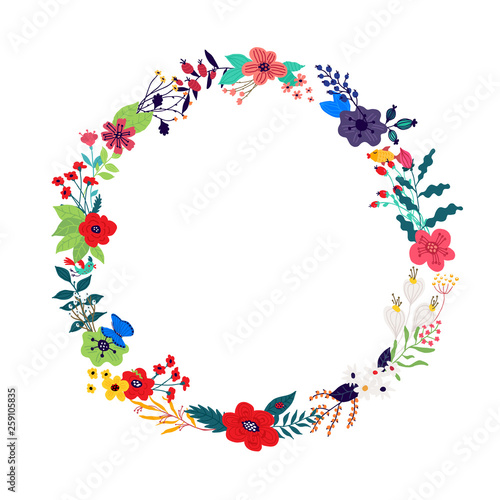 Illustration of a wreath of flowers and buds on a white background. Picture for banner  greeting card. March 8  women s day. Cartoon style. The image of summer and spring. Round frame. Invitation.