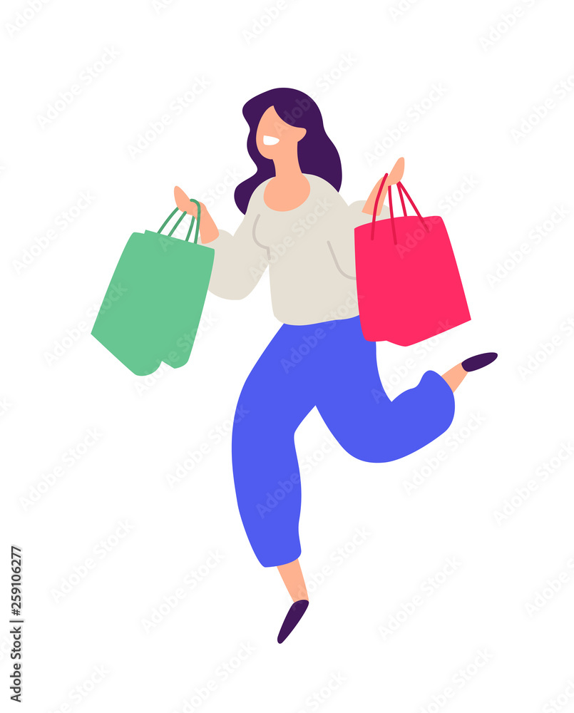 Illustration of a girl with shopping. Positive flat illustration in cartoon style. Discounts and sales. Shopaholic shopping. Online sales. Purchaser of goods. Illustration of a girl with shopping. Positive flat illustration in cartoon style. Discounts and sales. Shopaholic shopping. Online sales. Purchaser of goods.