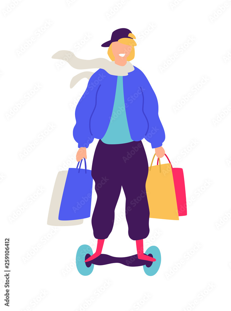 Illustration of a guy on a scooter with purchases. Positive flat illustration in cartoon style. Discounts and sales. Happy shopaholic shopping. An image of a successful hipster. Illustration of a guy on a scooter with purchases. Positive flat illustration in cartoon style. Discounts and sales. Happy shopaholic shopping. An image of a successful hipster.