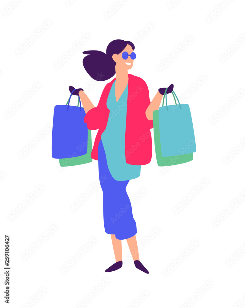 Illustration of a girl with shopping. Positive flat illustration in cartoon style. Discounts and sales. Shopaholic shopping. Online sales. Purchaser of goods. Glamor lady. Illustration of a girl with shopping. Positive flat illustration in cartoon style. Discounts and sales. Shopaholic shopping. Online sales. Purchaser of goods. Glamor lady.