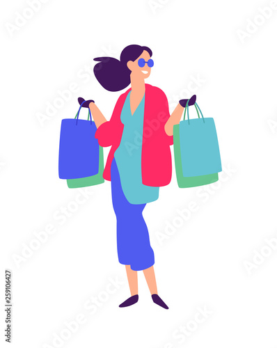 Illustration of a girl with shopping. Positive flat illustration in cartoon style. Discounts and sales. Shopaholic shopping. Online sales. Purchaser of goods. Glamor lady.