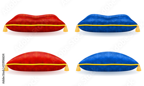 red blue satin pillow with gold rope and tassels vector illustration