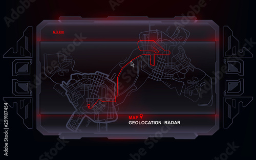 Futuristic navigate mapping technology dashboard GPS tracking map, showing movement and final destination on the streets of the city, high tech HUD background