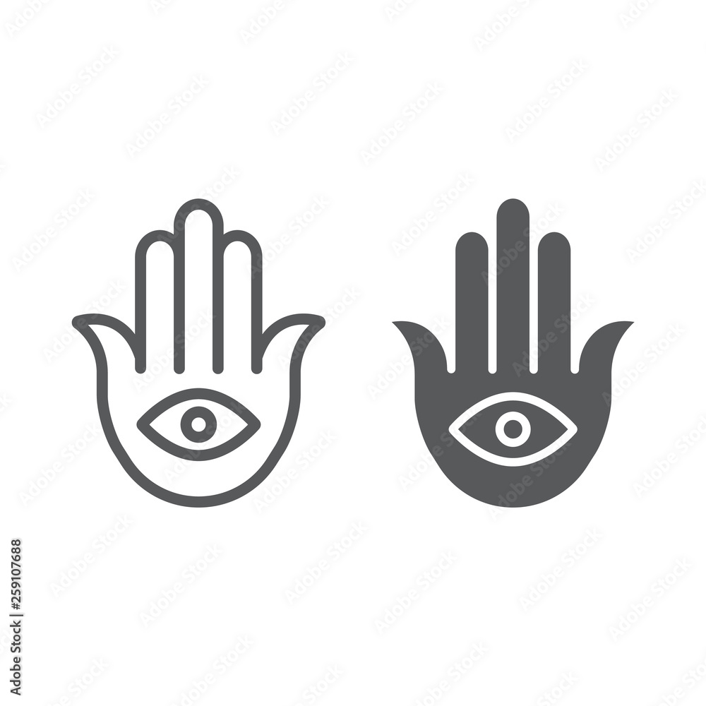 Hamsa line and glyph icon, luck and talisman, hand sign, vector graphics, a linear pattern on a white background. Hamsa line and glyph icon, luck and talisman, hand sign, vector graphics, a linear pattern on a white background.