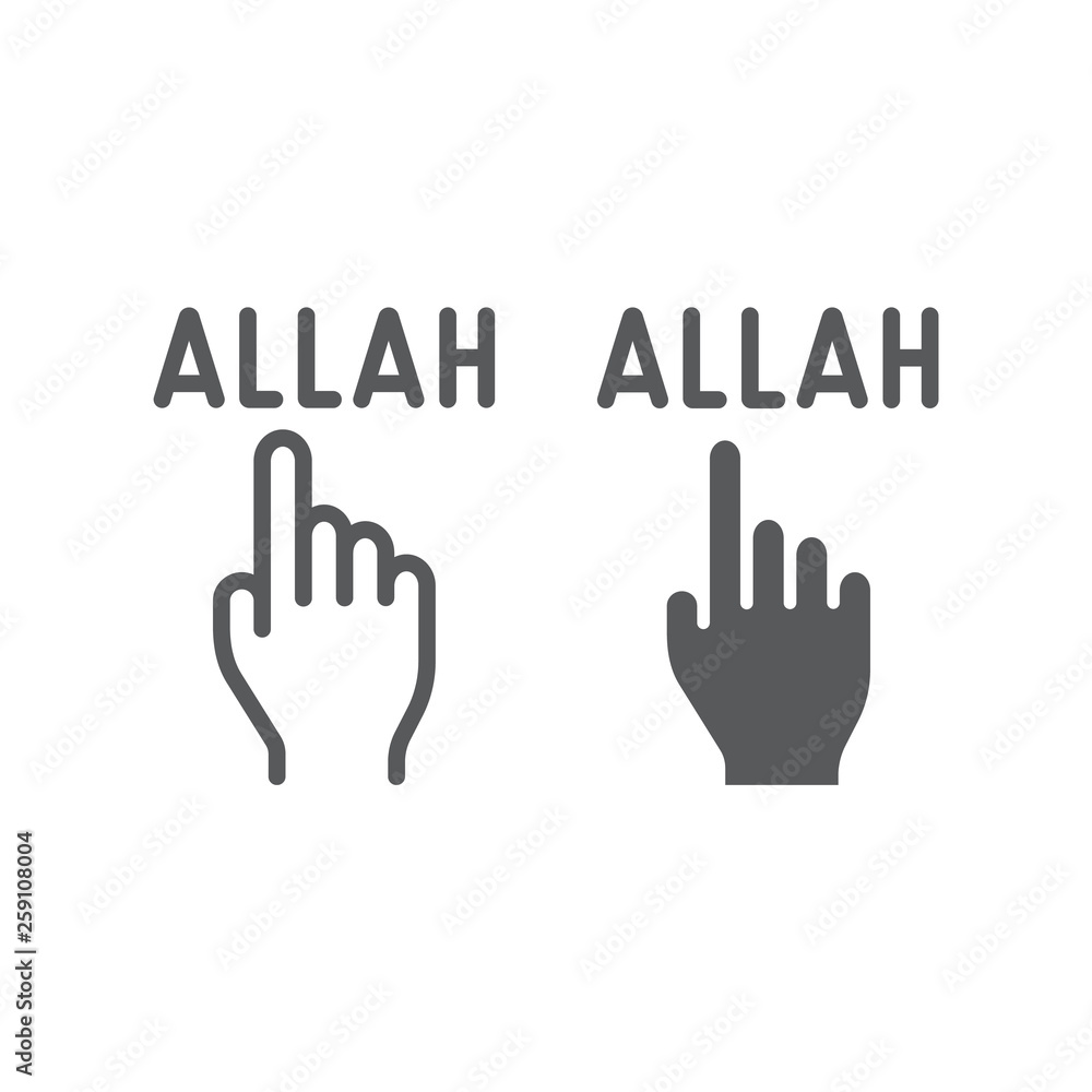 Allah is one line and glyph icon, religion and islam, pointer hand sign, vector graphics, a linear pattern on a white background. Allah is one line and glyph icon, religion and islam, pointer hand sign, vector graphics, a linear pattern on a white background.